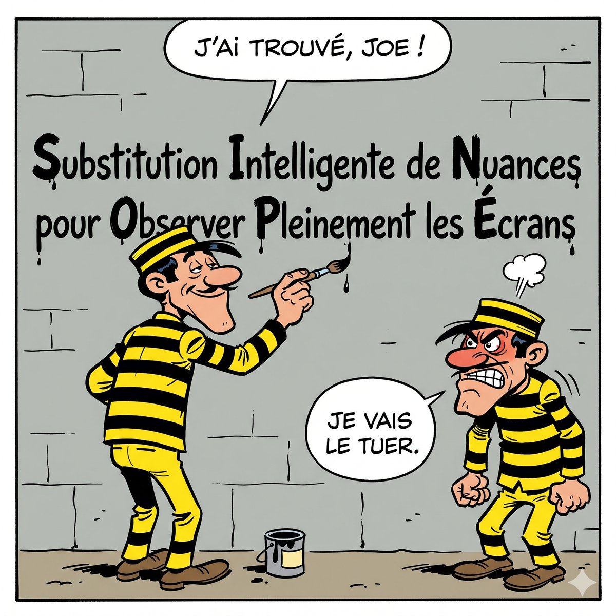 Averell Dalton, concentré et pinceau à la main, finit de peindre à l'encre noire sur le mur de sa cellule le mot SINOPLE suivi de « Substitution Intelligente de Nuances pour Observer Pleinement les Écrans ». À droite, Joe fulmine, poings serrés, une volute de vapeur sortant de sa casquette.